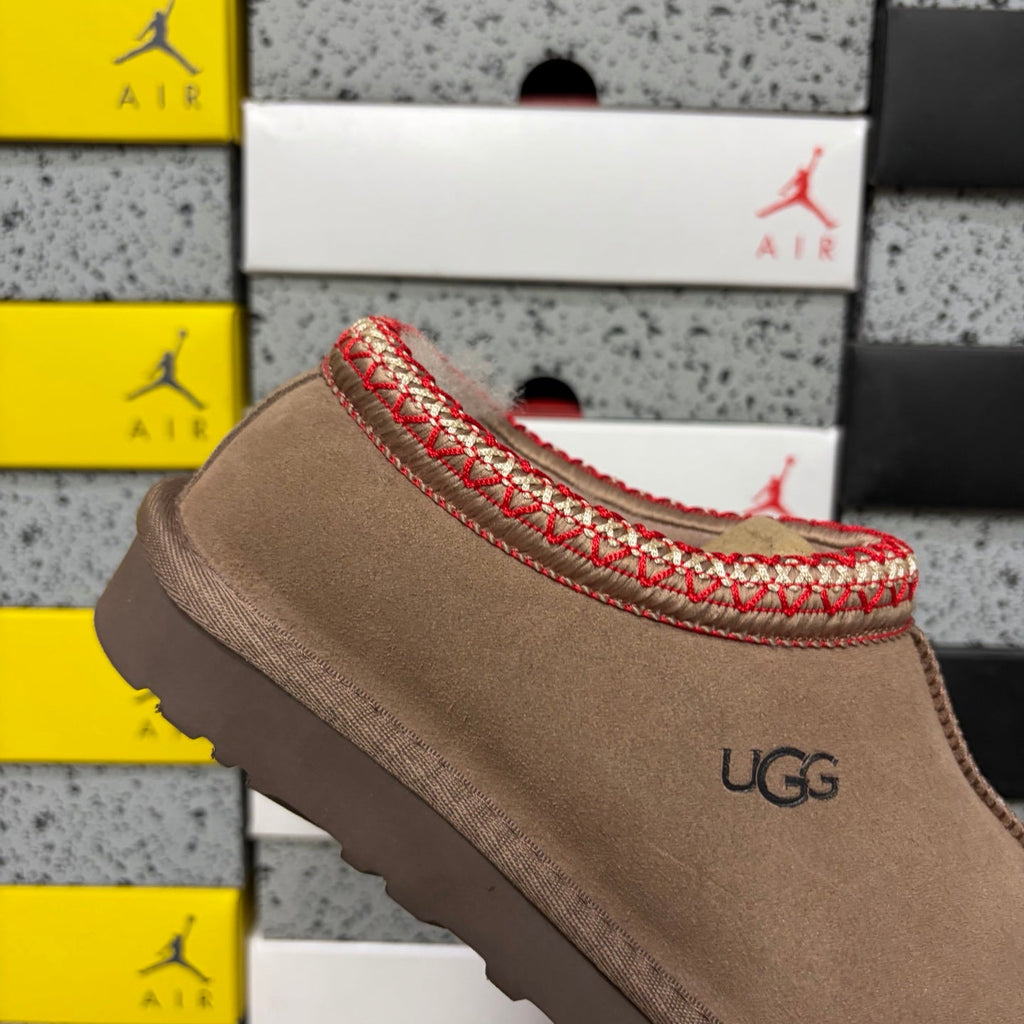 UGG Tasman Slip-On Slipper – Suede Moccasin with Shearling Lining, Red & Gold Woven Collar & Mocha Lug Sole in Camel