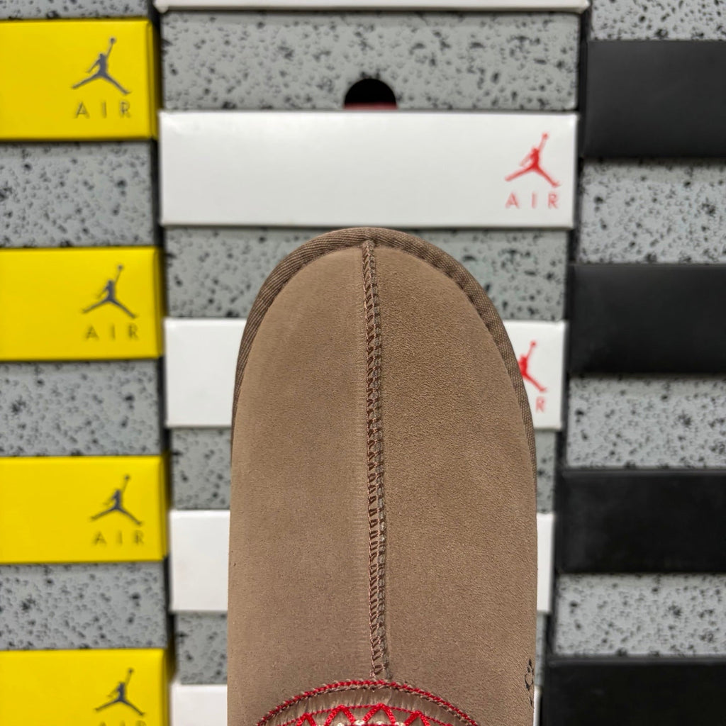 UGG Tasman Slip-On Slipper – Suede Moccasin with Shearling Lining, Red & Gold Woven Collar & Mocha Lug Sole in Camel