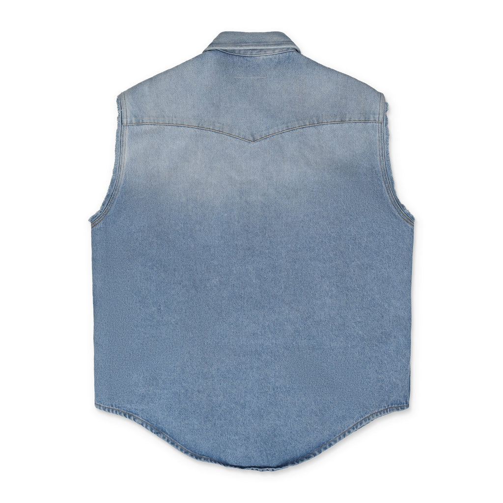 Blue Sleeveless Distressed Denim Shirt