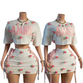 Amiri Letter and 3D Rose Applique Crop Top and Mini Skirt Set Women