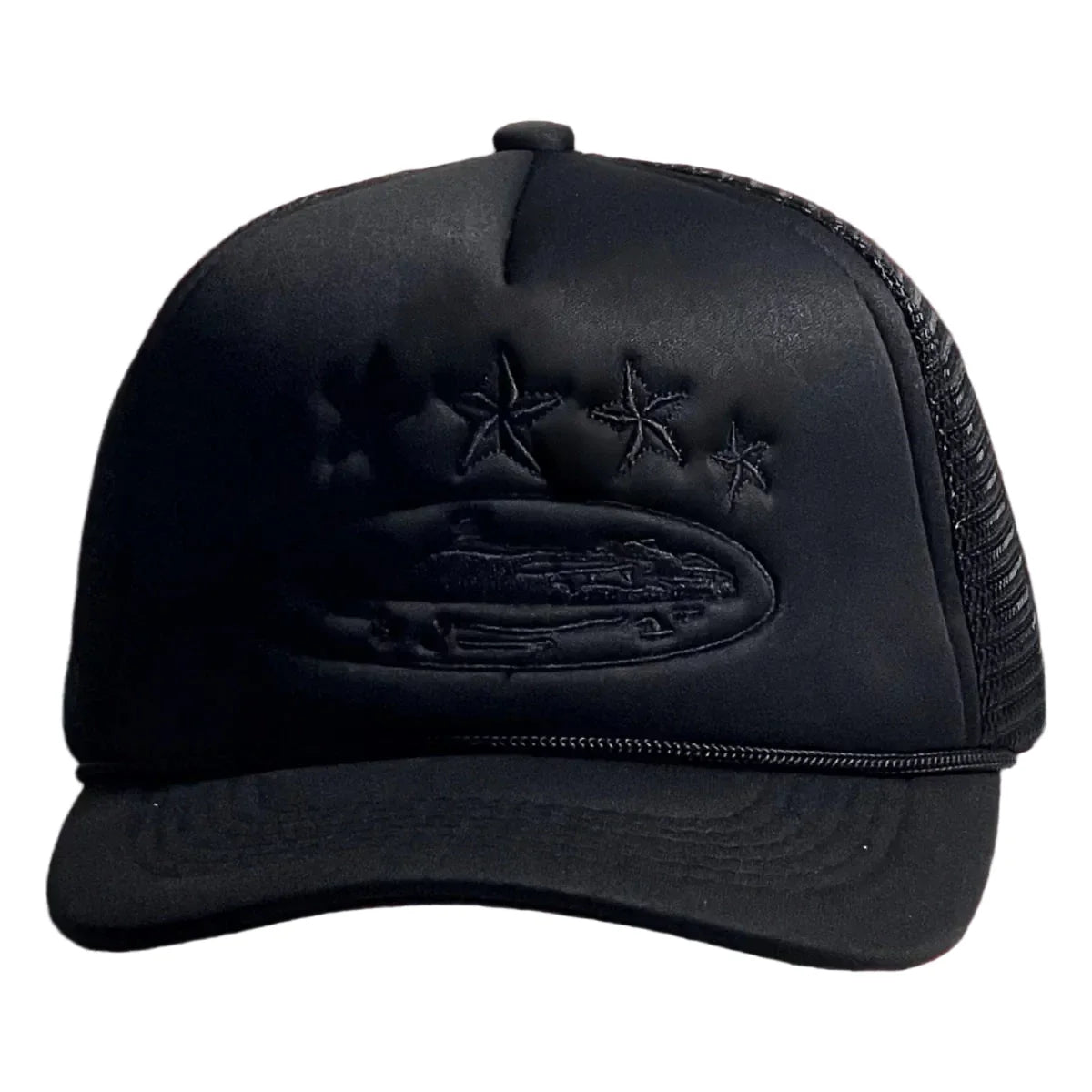 All-Black Vintage Trucker Hat with Tonal Stars and Cruise Ship Graphic