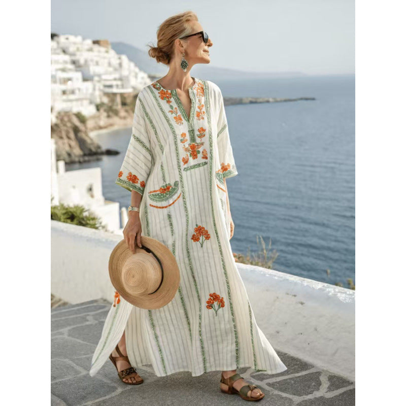 Women's Boho Striped Embroidered V-Neck Kaftan Maxi Dress