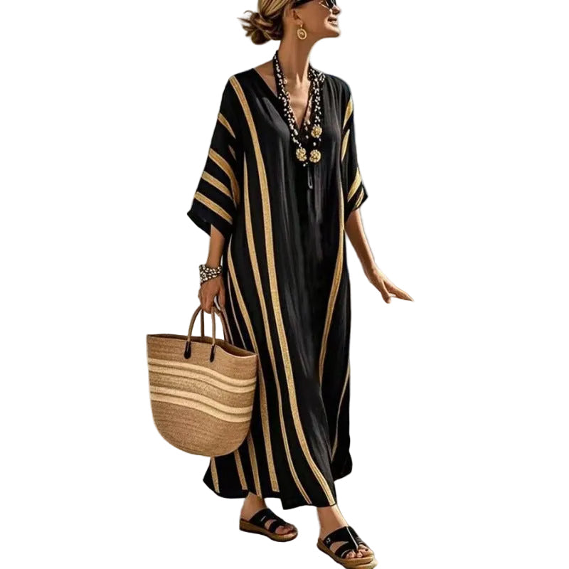 Women's Boho Striped Embroidered V-Neck Kaftan Maxi Dress