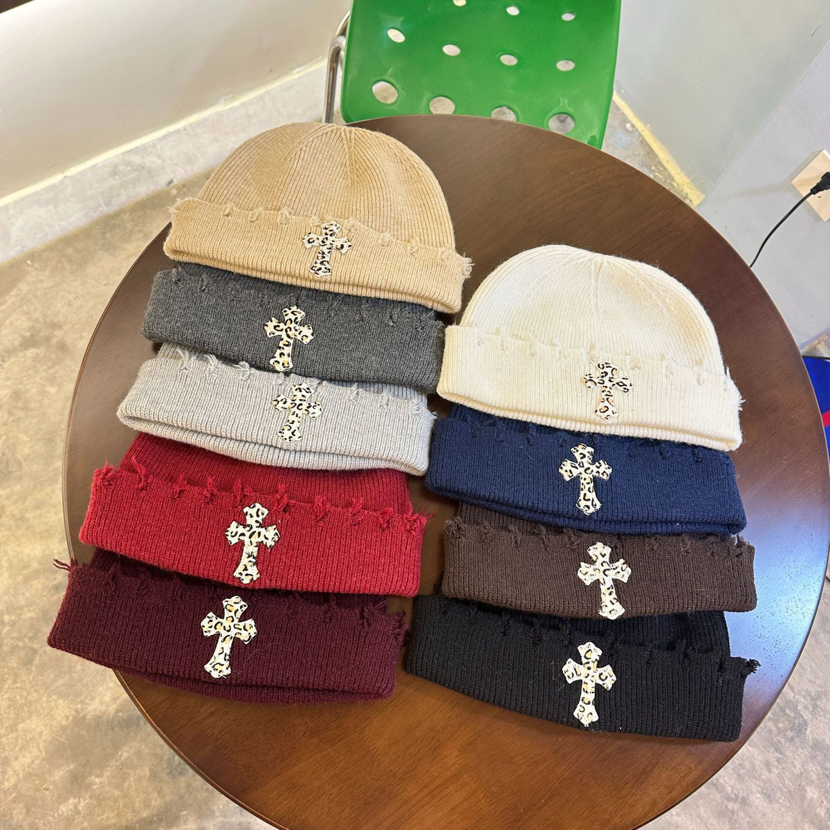 Leopard Cross Distressed Knit Beanie Cuffed Winter Hat Multi‑Style