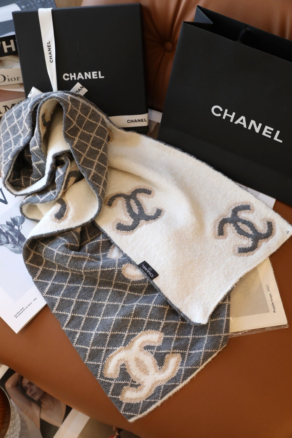 Chanel Style Fuzzy Reversible Diamond Logo Scarf