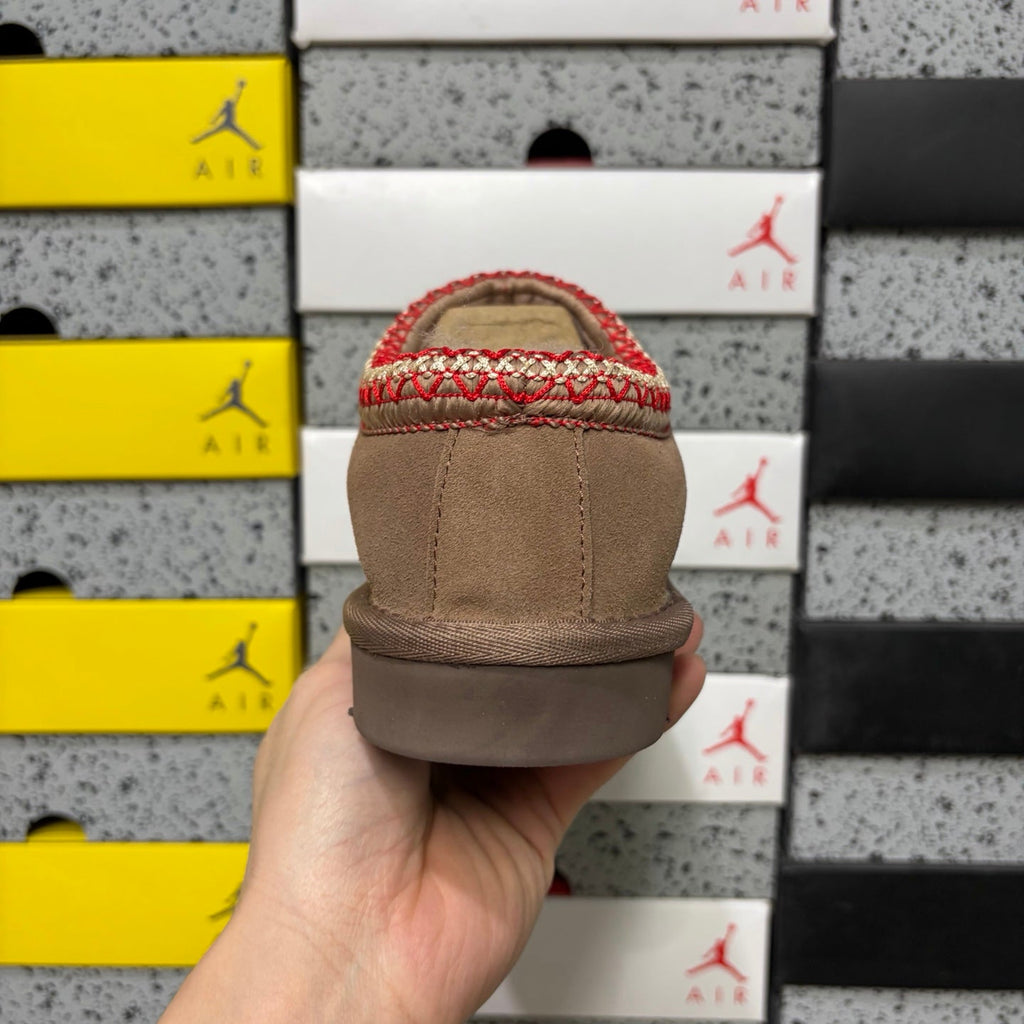 UGG Tasman Slip-On Slipper – Suede Moccasin with Shearling Lining, Red & Gold Woven Collar & Mocha Lug Sole in Camel