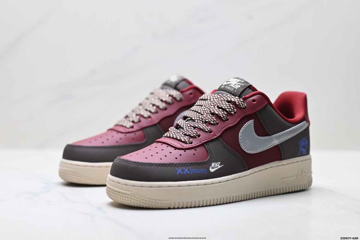 Nike Air Force 1 Low Burgundy Silver Unisex Sneakers Style 09