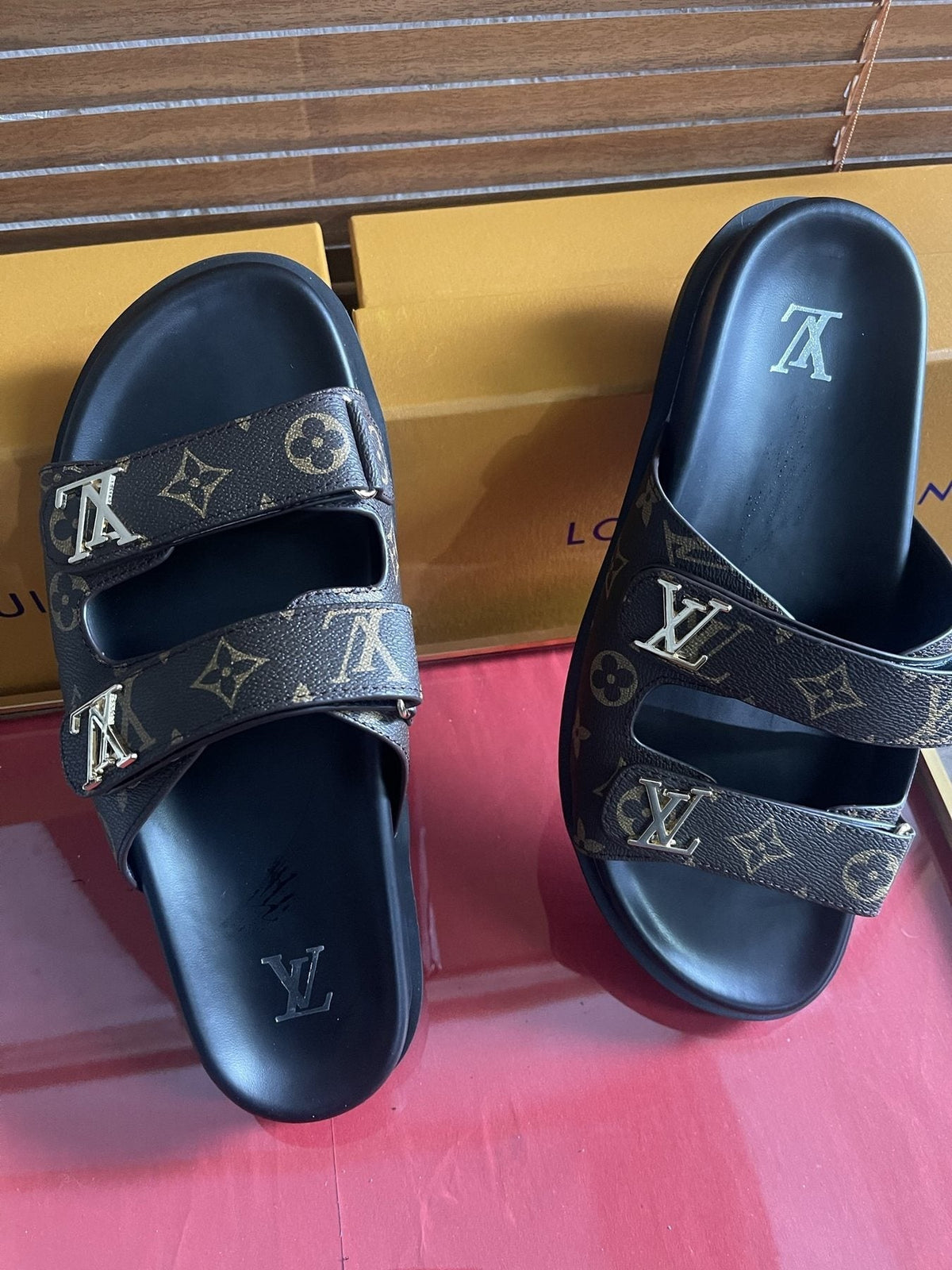 Louis Vuitton Dark Gray Monogram Slide Sandals - Double Monogram-Pattern Straps