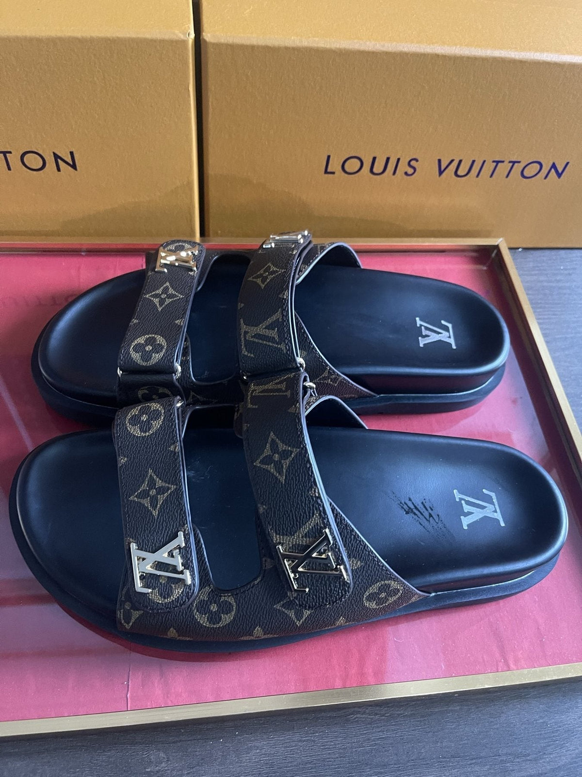 Louis Vuitton Dark Gray Monogram Slide Sandals - Double Monogram-Pattern Straps