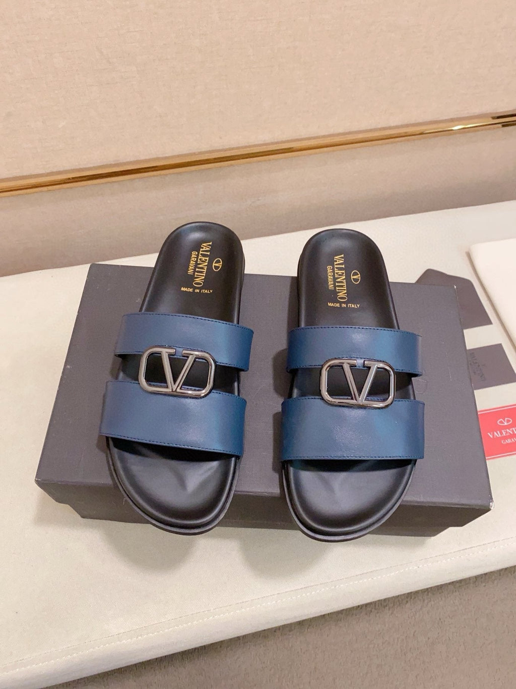 Valentino Men's Navy Blue Buckle Slide Sandals