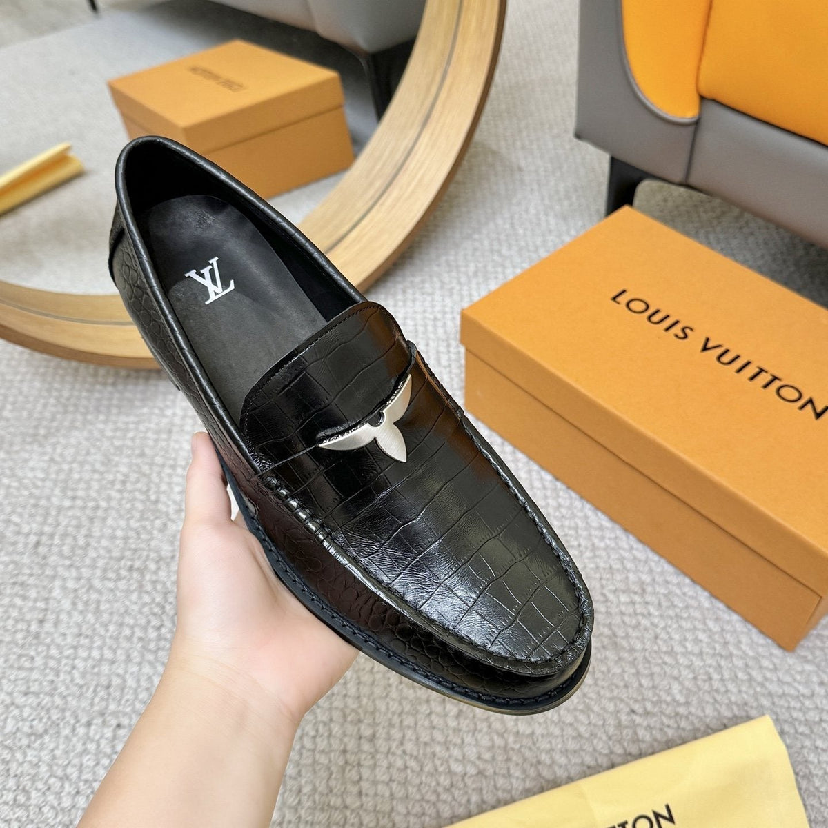 Louis Vuitton Men's Black Embossed Leather Loafers