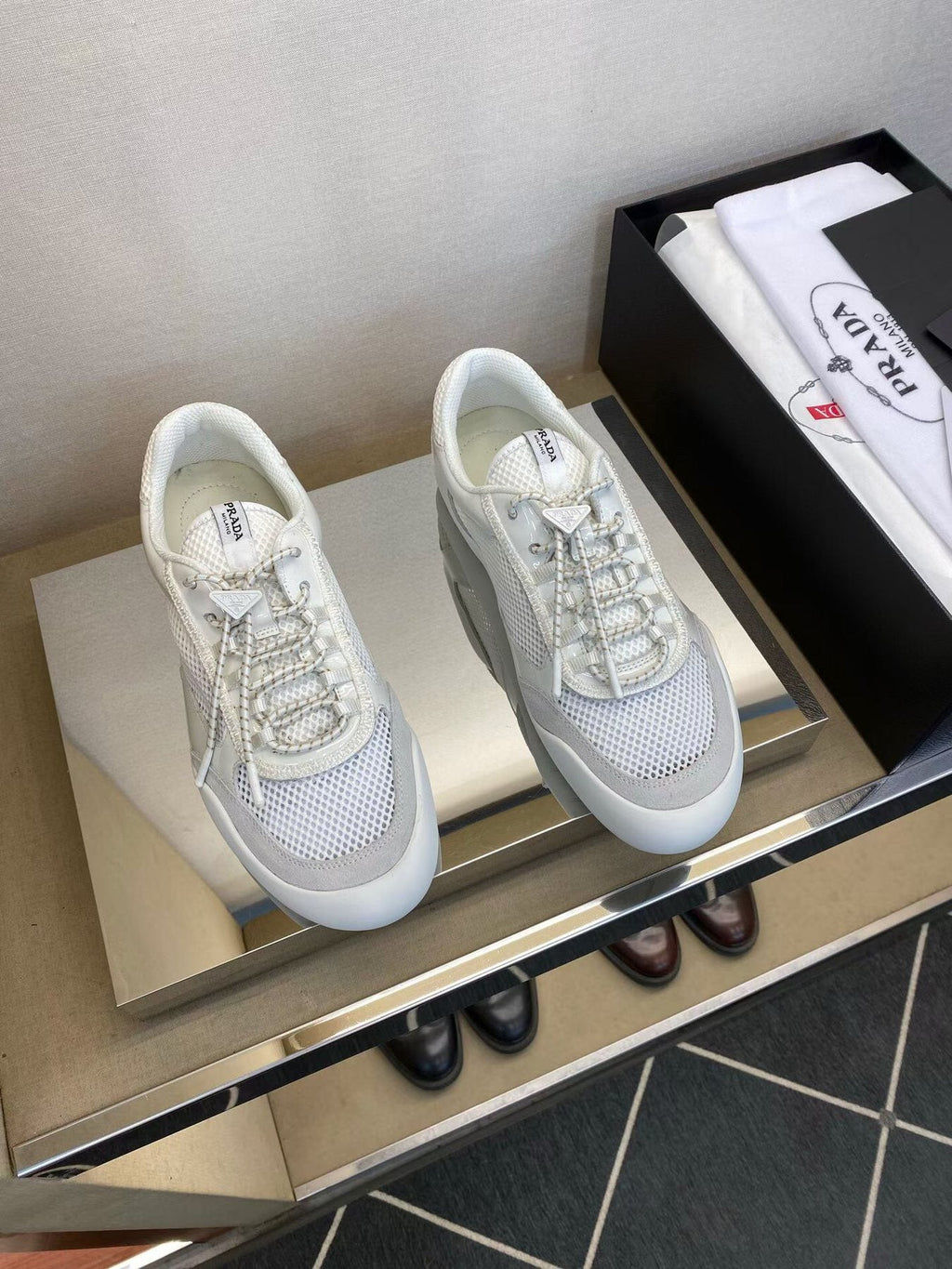 Prada Men's White Mesh Panel Sneakers