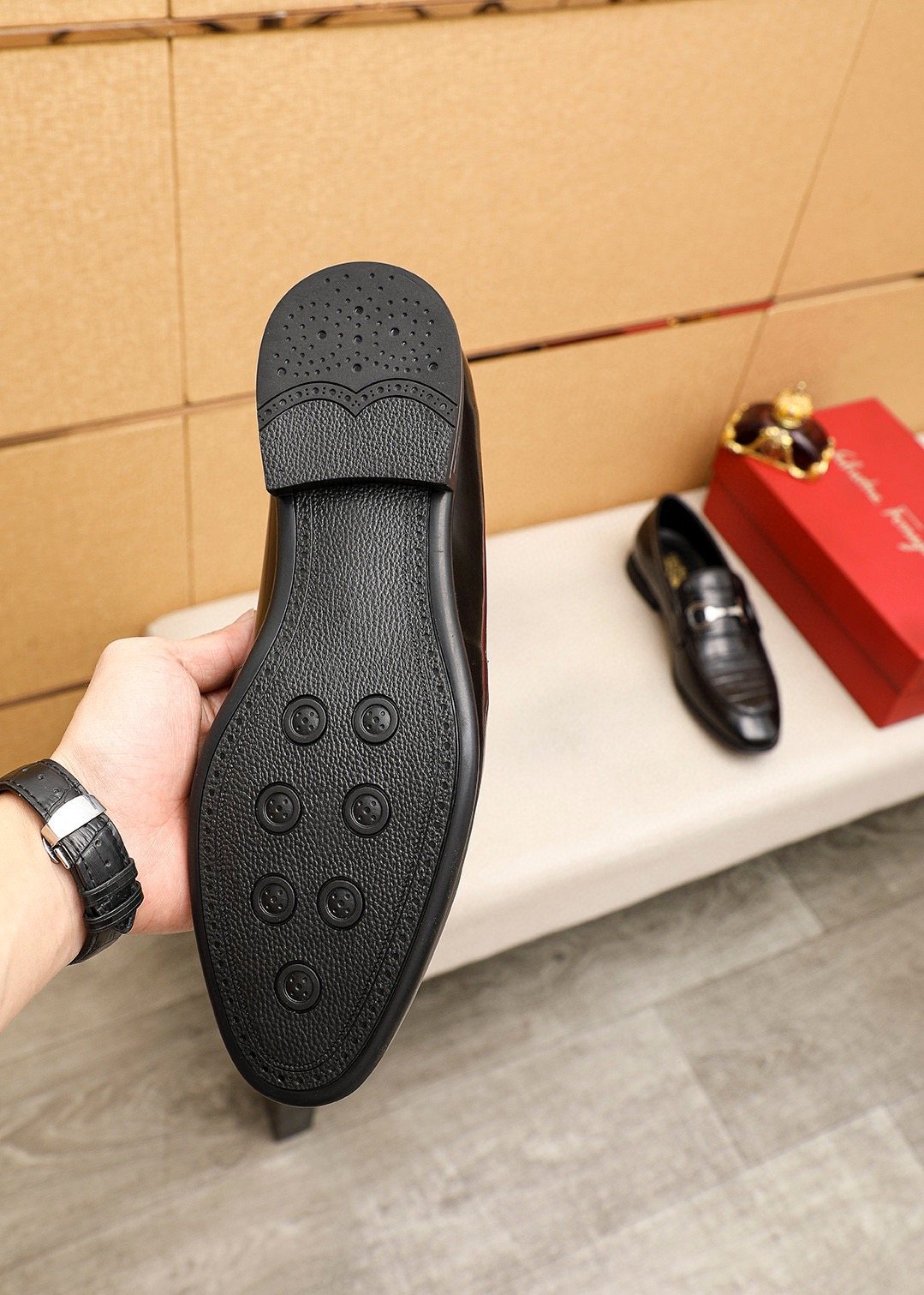 Ferragamo Black Embossed Buckle Loafers - Metal-Tone Vamp Buckle