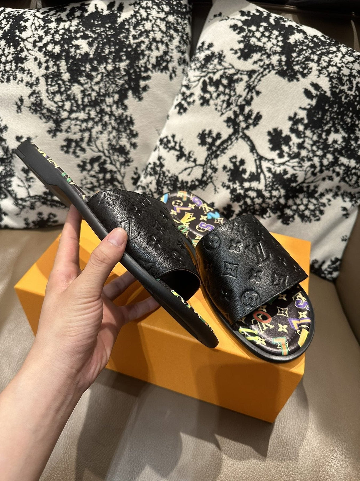 Louis Vuitton Black Embossed Slide Sandals - Open Toe