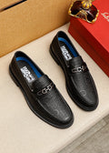 Ferragamo Black Embossed Buckle Loafers - Blue Leather Lining