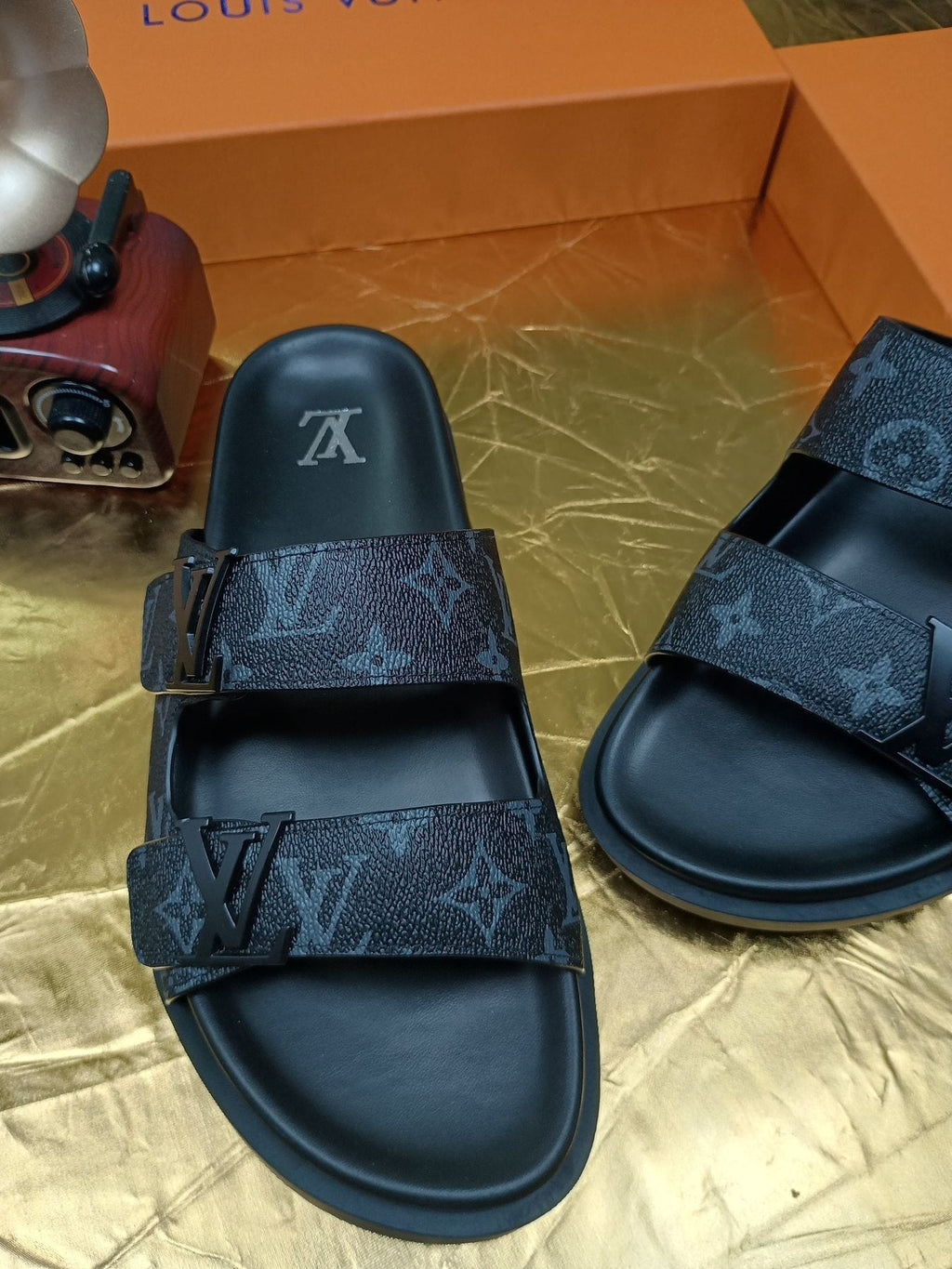 Louis Vuitton Dark Gray Monogram Slide Sandals - Black Footbed