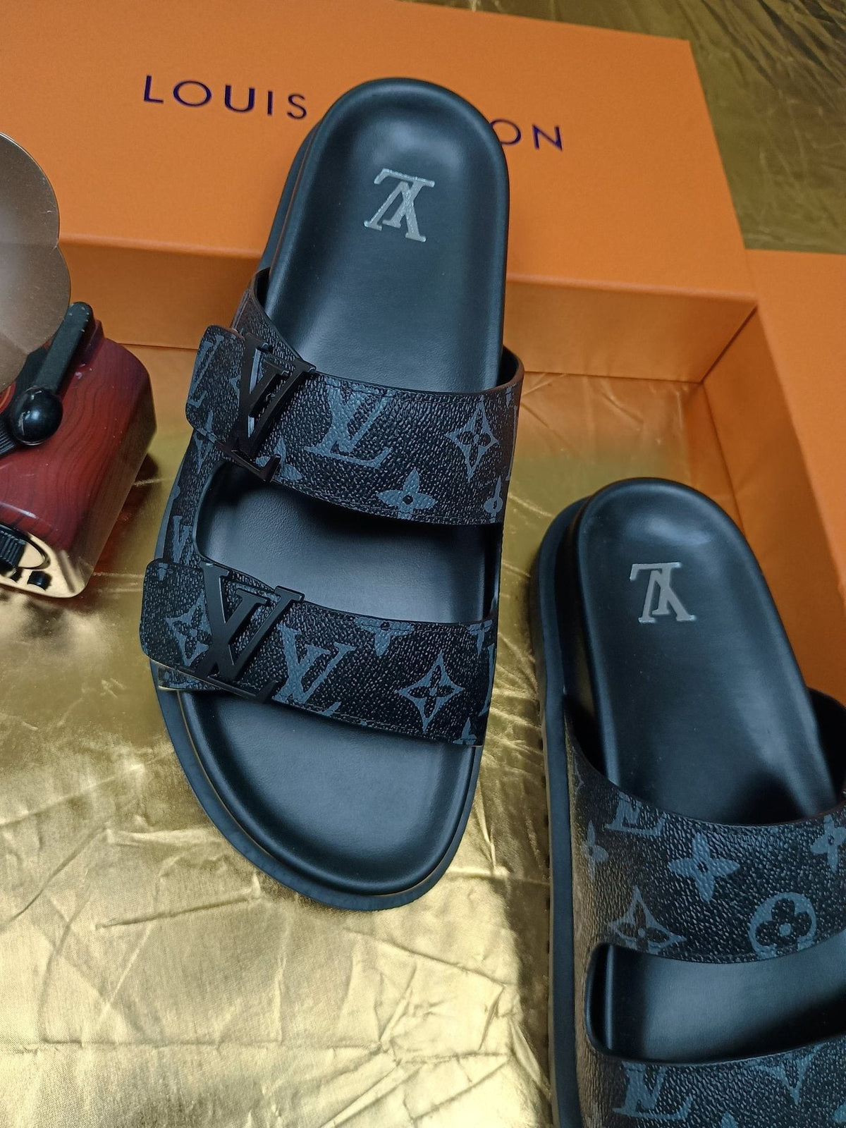 Louis Vuitton Dark Gray Monogram Slide Sandals - Black Footbed