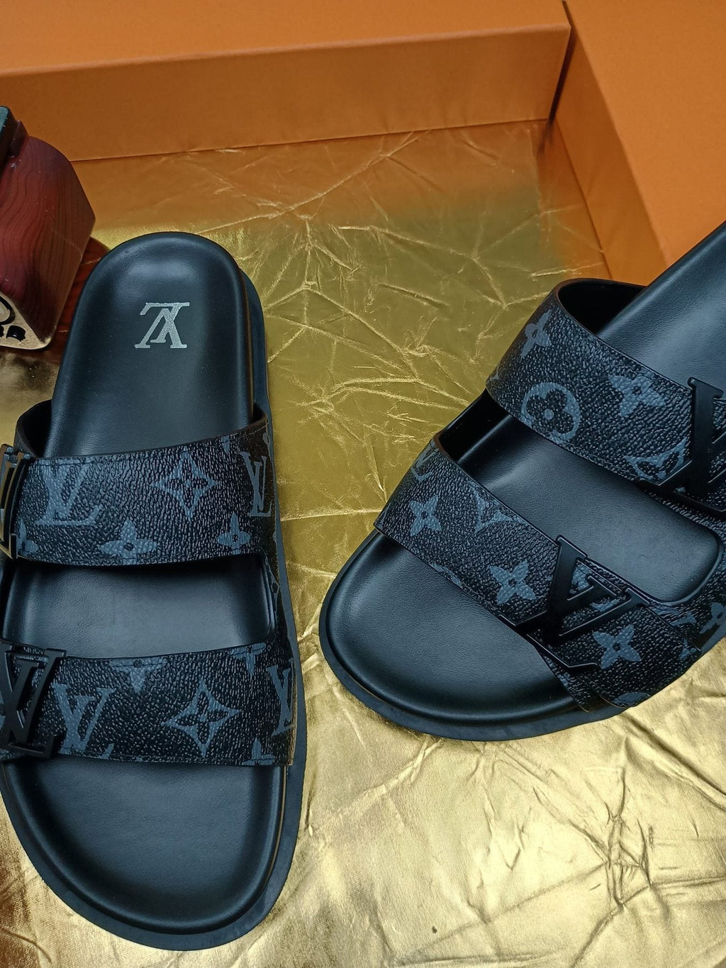 Louis Vuitton Dark Gray Monogram Slide Sandals - Black Footbed