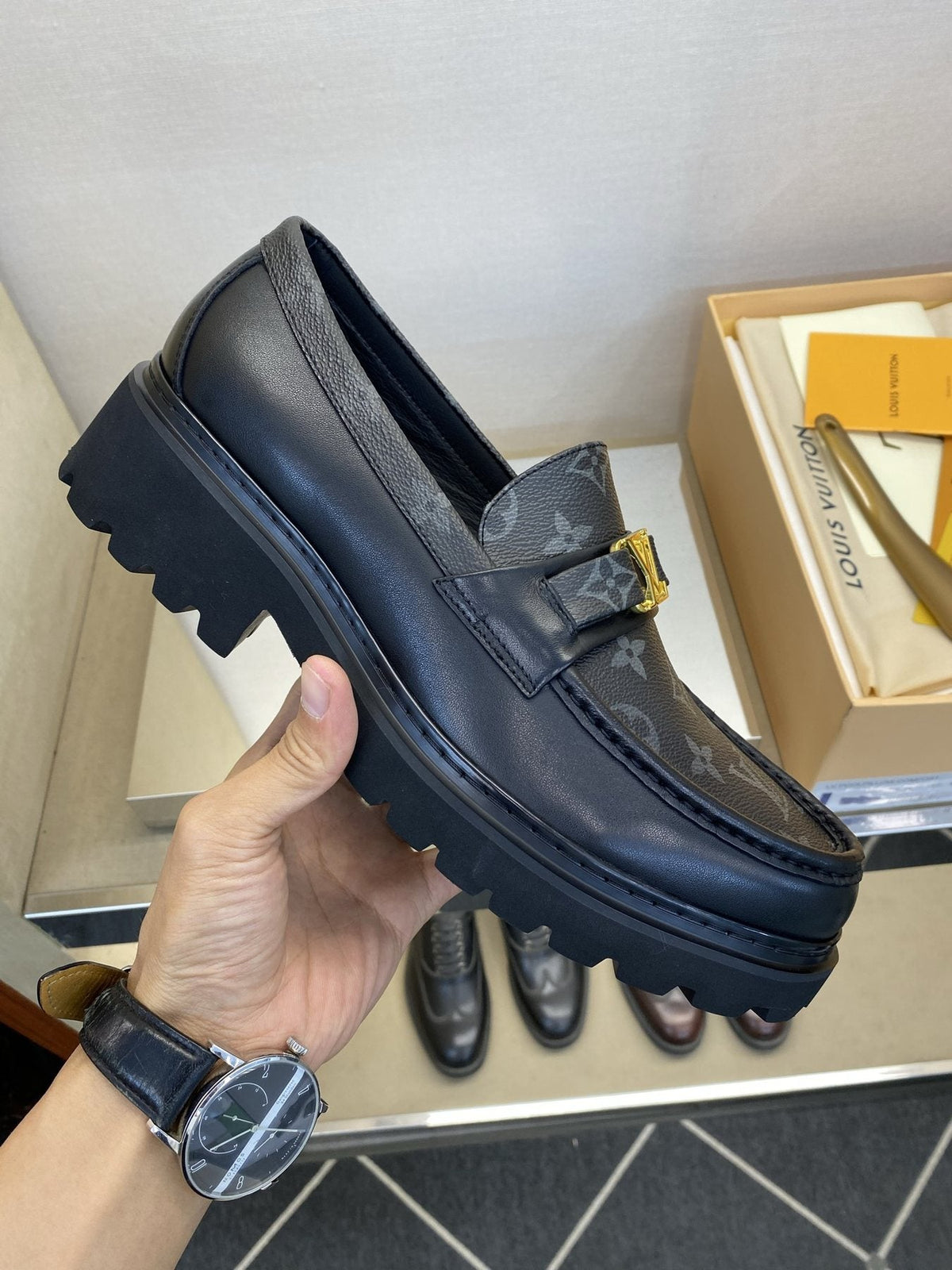 Louis Vuitton Men's Black Monogram Lug Sole Loafers - Moc-Toe Stitching