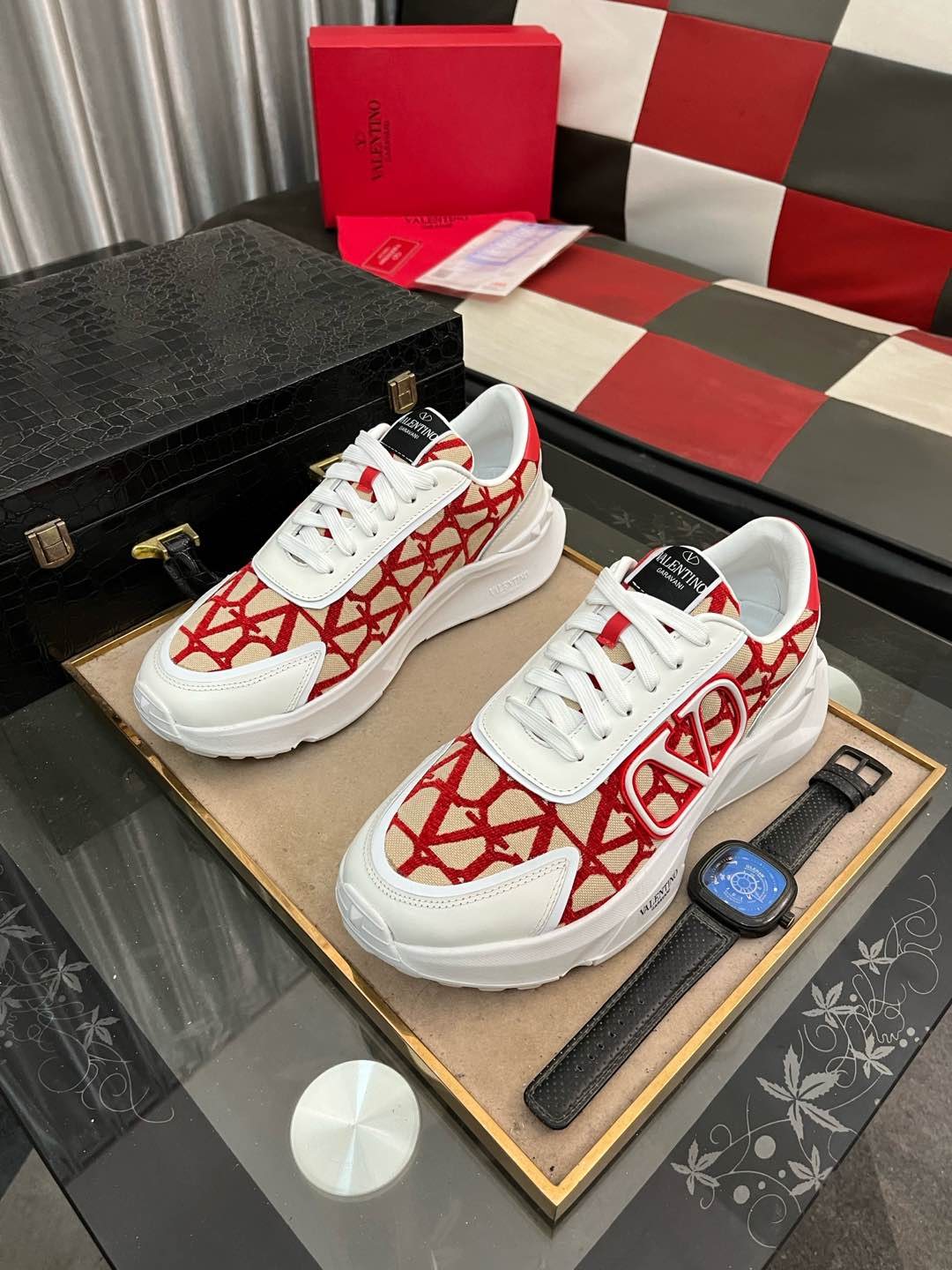 Valentino White and Red Patterned Sneakers