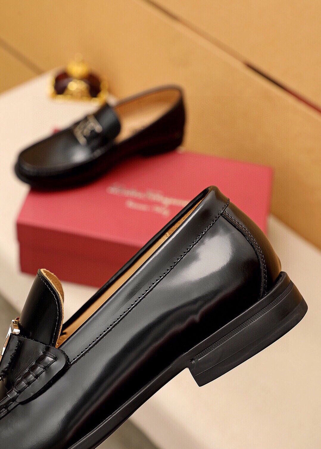 Ferragamo Black Leather Hardware Loafers - Rounded Toe