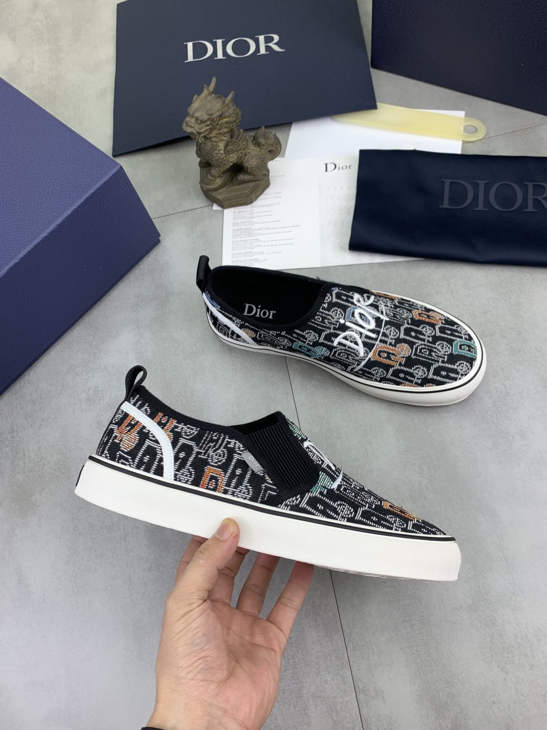 Dior Graphic Canvas Slip-On Sneakers - Black, White and Tan
