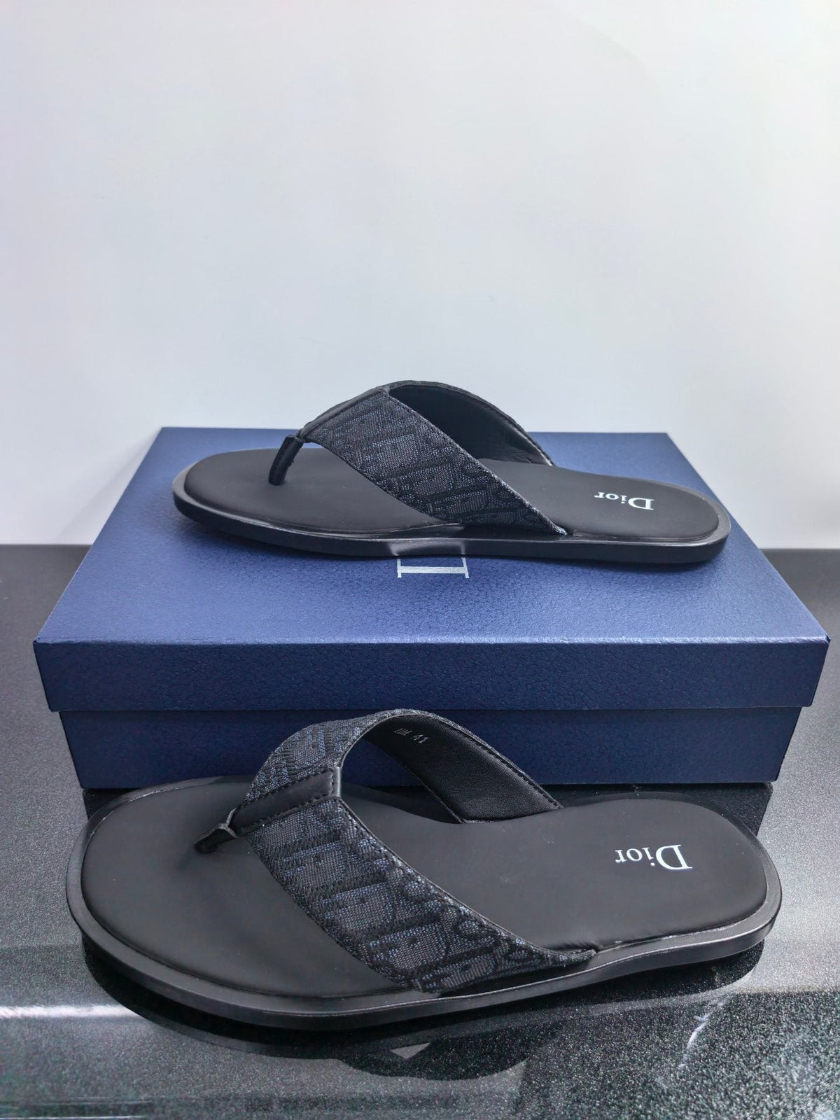 Dior Patterned Strap Thong Sandals - Black Footbed