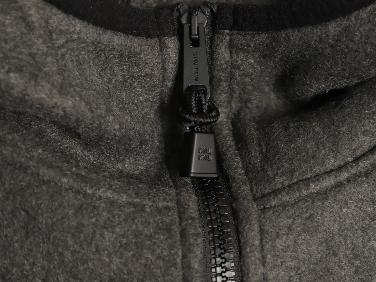 Miu Miu Logo-Embroidered Trim Fleece Hooded Jacket - Charcoal